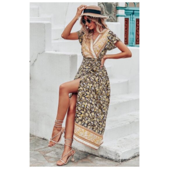 PRETTYGARDEN Women Boho Summer Side Split Deep V Neck Short Sleeves Maxi Dress - Picture 4 of 9